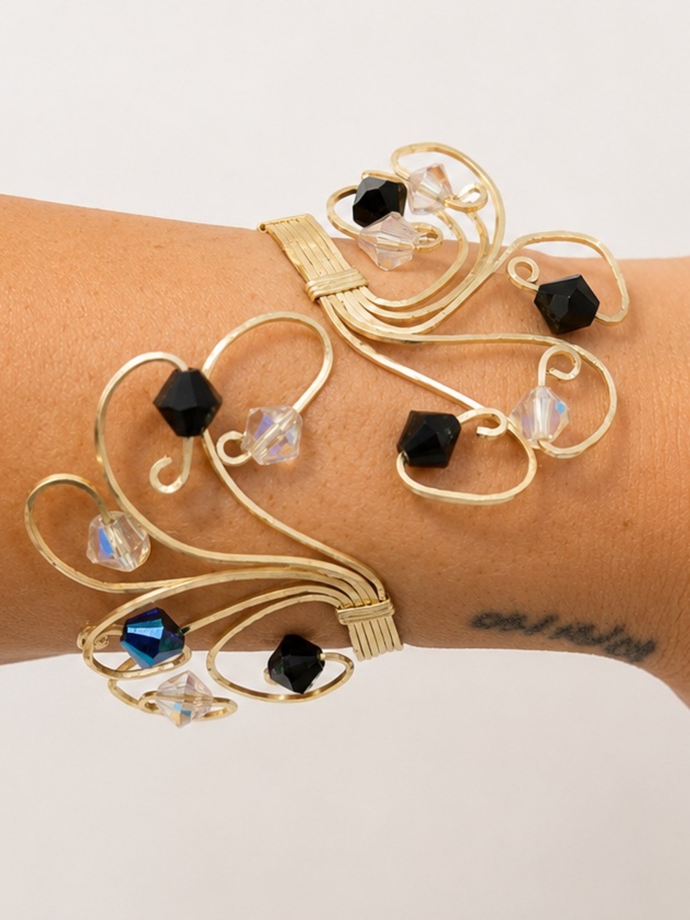 Handmade wire and crystal bead open cuff bracelet